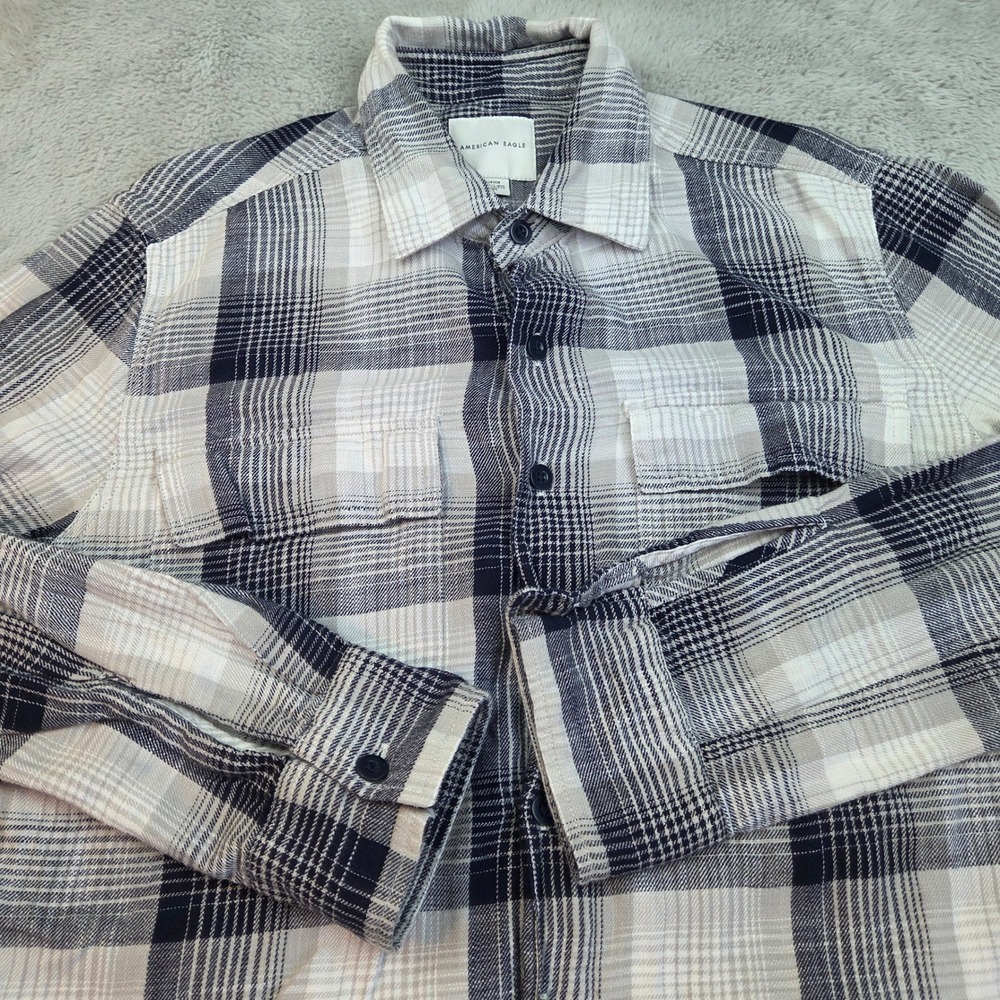 American Eagle Plaid Flannel Shirt Mens S Long Sleeve Cotton Navy Cream White